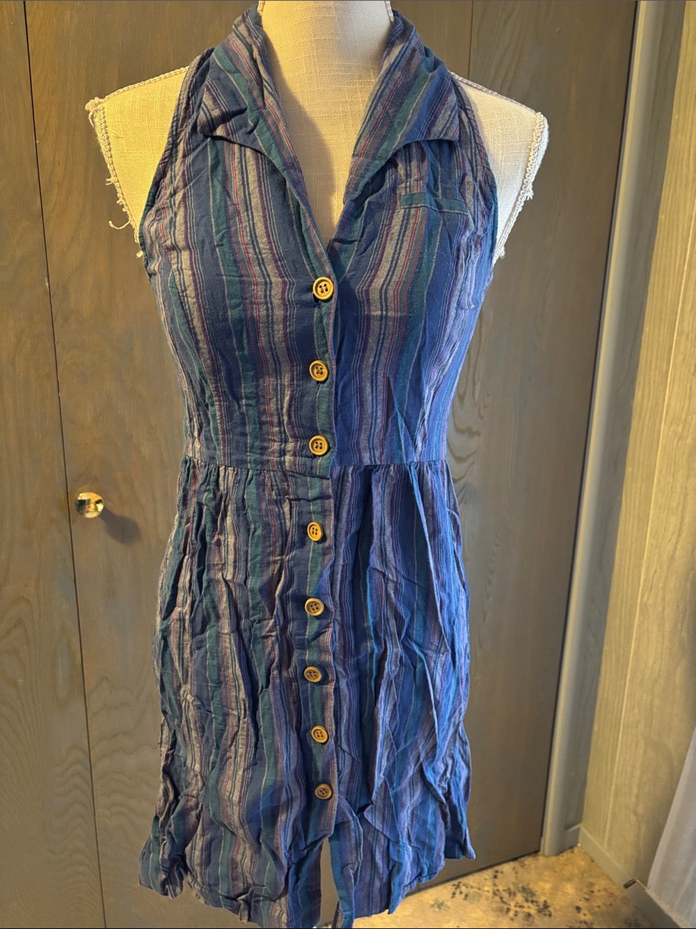 Vintage Urban Outfitters COPE Dress Halter  Collared Striped Linen Cotton Button